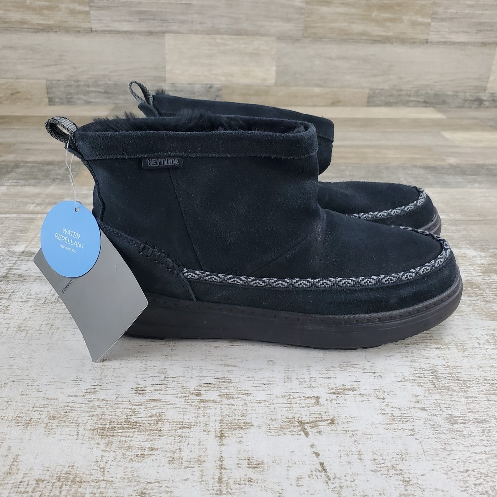 Hey Dude Remi Toastee Womens Ankle Boot Sz 7 Black Suede Sherpa Fleece Round Toe